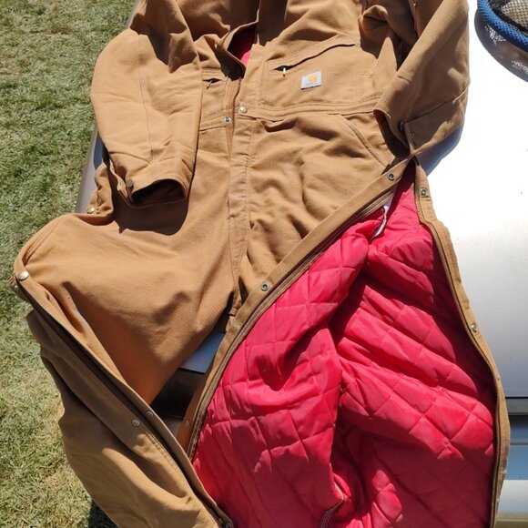 Men Carhartt Coveralls Insulated Duck Red Lining 2XL Chest 48" Inseam 28" - Picture 1 of 14